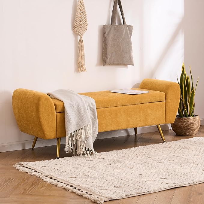 Storage Bench for Bedroom, 55" Extra Long Bench for King Size Bed, Modern Upholstered End of Bed Ottoman Bench with Arms for Entryway Living Room (Chenille, Mustard Yellow)
