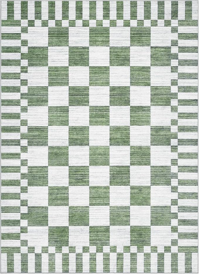 GarveeHome Sage Green Checkered Rug 4×6 Area Rugs for Living Room，Non-Slip Washable Rug Soft Low-Pile, Neutral Modern Farmhouse Geometric Rugs for Bedroom Dining Room Office