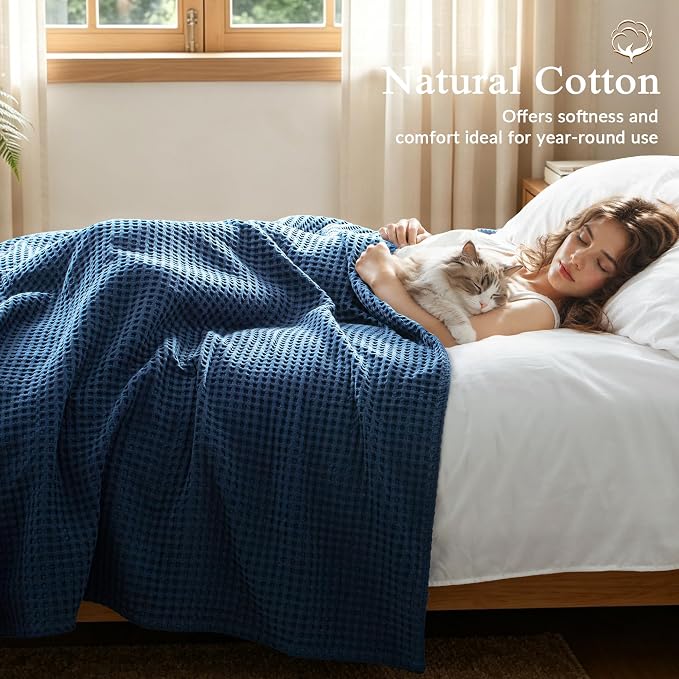Exclusivo Mezcla Pre-Washed 100% Cotton Waffle Blanket Full Size for Bed, 330GSM Lightweight Breathable Summer Blankets, Soft and Cozy, Home Decor, Navy Blue, 80x90 Inches