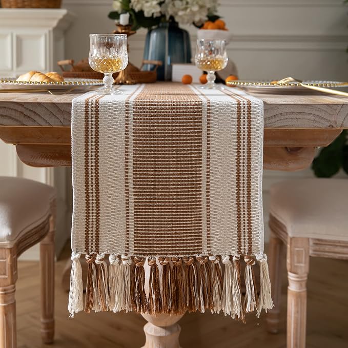 Caflife Boho Table Runner Brown for Modern Farmhouse Coffee Table Decor, Rustic Woven Runner with Handcrafted Tassels for Home Dining Table décor 13 x 90 Inch Long