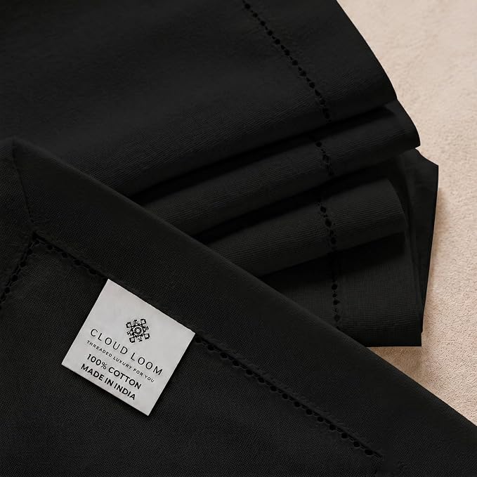 Hemstitch Cloth Napkins, Set of 12-100% Cotton Dinner Napkins 18x18 - Soft Absorbent Cloth Napkins for Wedding & Formal Dinner - Holiday, Christmas Cotton Dinner Napkins - Black