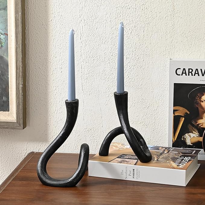 Black Cast Iron Taper Candle Holder, Candlestick Holder Decorative, Gift Tapered Candle Holders for Home Decoration, Bedroom, Dinning, Mantel, Kitchen, Party, Set of 2