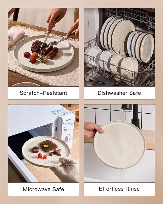 12-Piece Stoneware Dinnerware Set, High Edge Plates & Bowls with Reactive Glaze, Speckles & Spirals, Scratch Resistant Dish, Dishwasher Safe, Modern Rustic, Service for 4, Shell Beige
