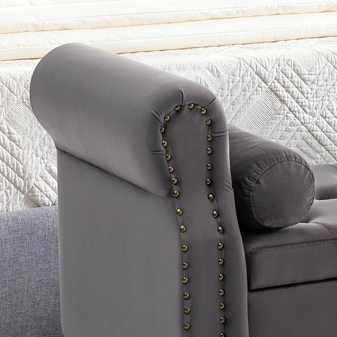 Storage Bench for Bedroom, 67" End of Bed Bench King Size, Velvet Bedroom Bench with Storage, Upholstered Tufted Storage Ottoman Benches with Arms for Living Room, Entryway, Dark Grey