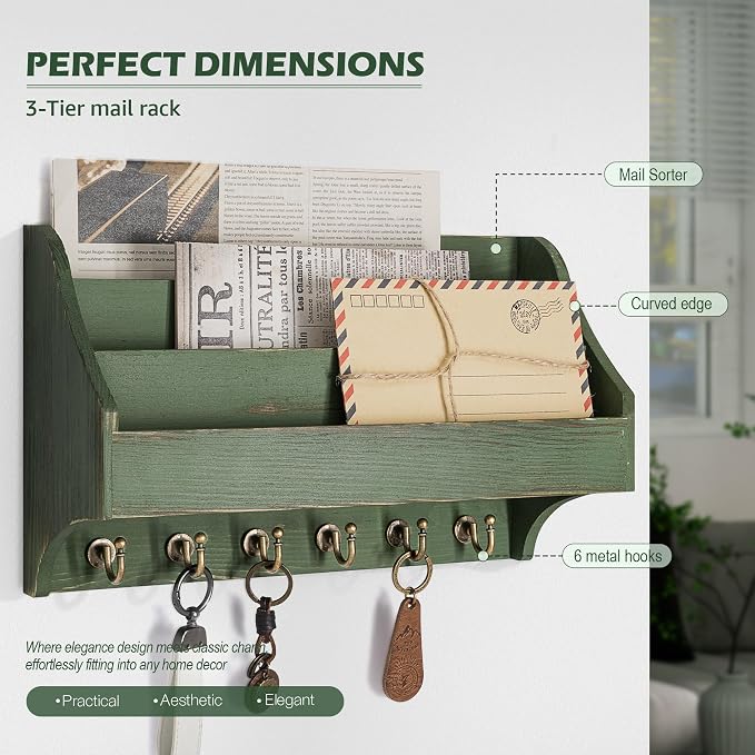Rebee Vision Pine Wood Key Holder Wall Mount - Rustic 3-Tire Mail Holder for Wall with Sturdy Key Hooks - Multifunctional Mail Organizer Wall Mount for Sunglass at Home (Green)