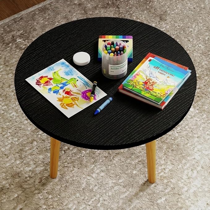Round Coffee Table Low Table with 3 Solid Wood Sturdy Legs,Floor Table Desk for Sitting on The Floor,23.6"D x 23.6"W x 16"H Inches,Living Room/Toy room Furniture,Rental house Furniture (Black)