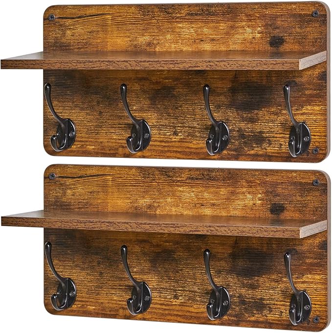 YMYNY Coat Rack Shelf Wall Mounted, Wooden Coat Hooks Set of 2, Entryway Coat Hanger with 8 Hooks,31.5''L Floating Shelves, Key Holder, for Kitchen, Bathroom, Living Room, Rustic Brown, UHWS006H-2