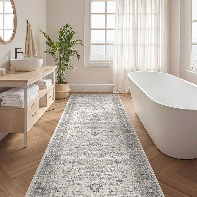 Runner Rug Kitchen Washable Rugs: 2x6 Non-Slip Boho Soft Vintage Stain Resistant Indoor Floor Neutral Farmhouse Throw Carpet for Hallway Bathroom Laundry Room Entryway Bedroom- Taupe