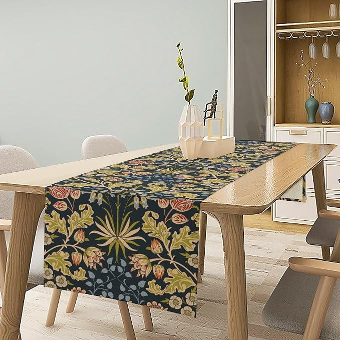 Vintage Floral Table Runner, William Morris Colorful Boho Watercolor Flower Retro Botanical Plant Dinner Runner for Home Kitchen Dining Table Decoration 13x70 Inch