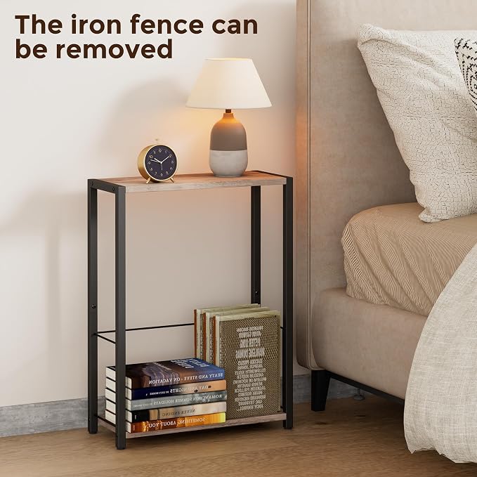 Homleke Narrow Side Tables Set of 2 with Magazine Holder, Skinny End Tables Perfect for Small Spaces, Space-Saving Design for Living Room, Bedroom, or Office, 7.1" D x 16.9" W x 23.6" H, Greige