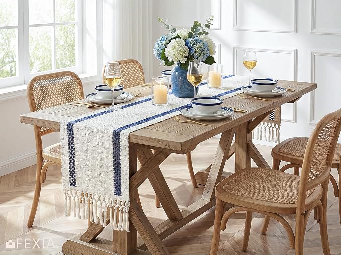FEXIA Boho Blue Table Runner for Easter Decor 72 Inches Long with Tassels Macrame Farmhouse Style Spring Party Rustic Wedding Baby Bridal Shower Dining Decor (12x72 Inches)