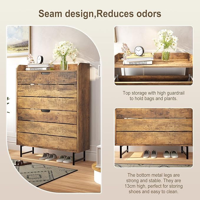 Shoe Storage Cabinet with 2 Flip Drawers, Wooden Shoe Rack Organizer Cabinet with Adjustable Shelf, Narrow Shoe Cabinet for Entryway, Hallway, Living Room (Oak)