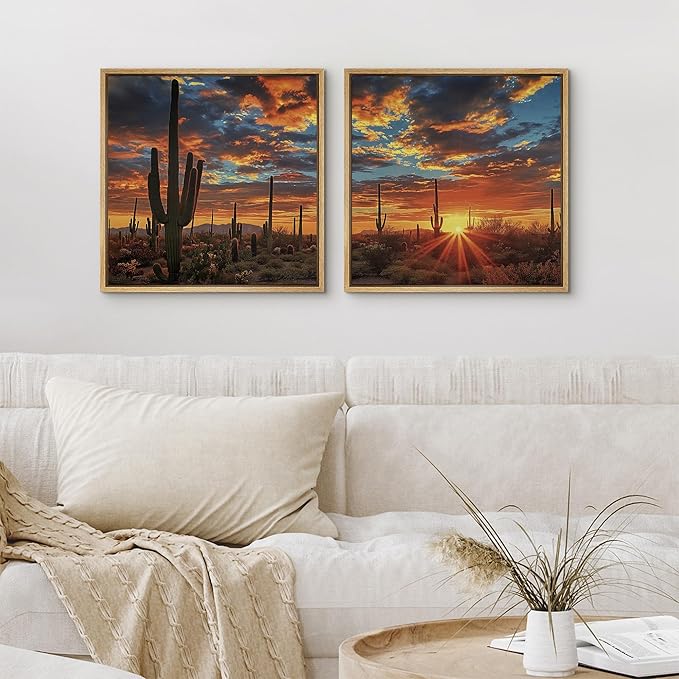 SIGNFORD Framed Canvas Print Wall Art Set Desert Sunset Cactus Artwork, Dramatic Sky Southwest Landscape Illustrations Modern Art Minimal Relax/Calm for Living Room, Bedroom, Office - 24"x24"x2 NATURAL