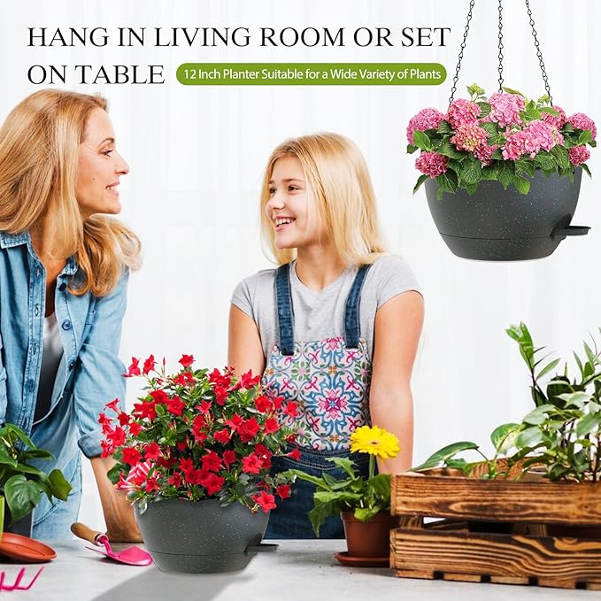 12 Inch Hanging Baskets 2 PC with Chains, Self-Watering Hanging Planters for Indoor Outdoor Plants, Plastic Hanging Flower Pots, Black with Green Speckles
