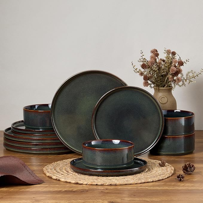 E-far 12-Piece Plates and Bowls Sets, Stoneware Dinnerware Dishes Sets for 4, Kitchen Modern Dining Dishware, Chip & Scratch Resistant, Microwave & Dishwasher Safe, Blackish Green