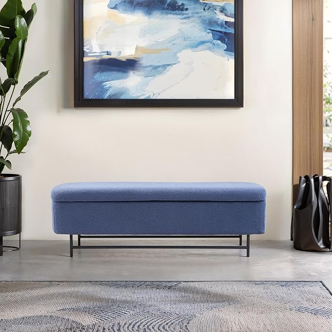 56" Boucle Storage Bench for Bedroom, Upholstered Teddy Ottoman Bench, Modern Extra Long Storage Bench for End of Bed/Entryway/Livingroom/Window (Navy)