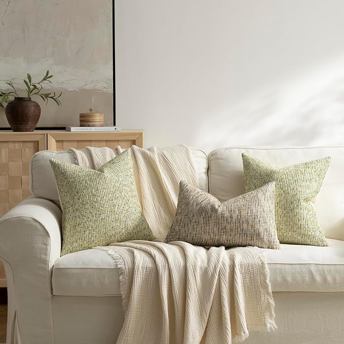 Pack of 2 Neutral Throw Pillow Covers 22x22 Boho Textured Dots Stripe Chenille Large Square Decorative Pillow Cases Accents for Living Room Couch Bed Farmhouse Home Decor, Lime Green