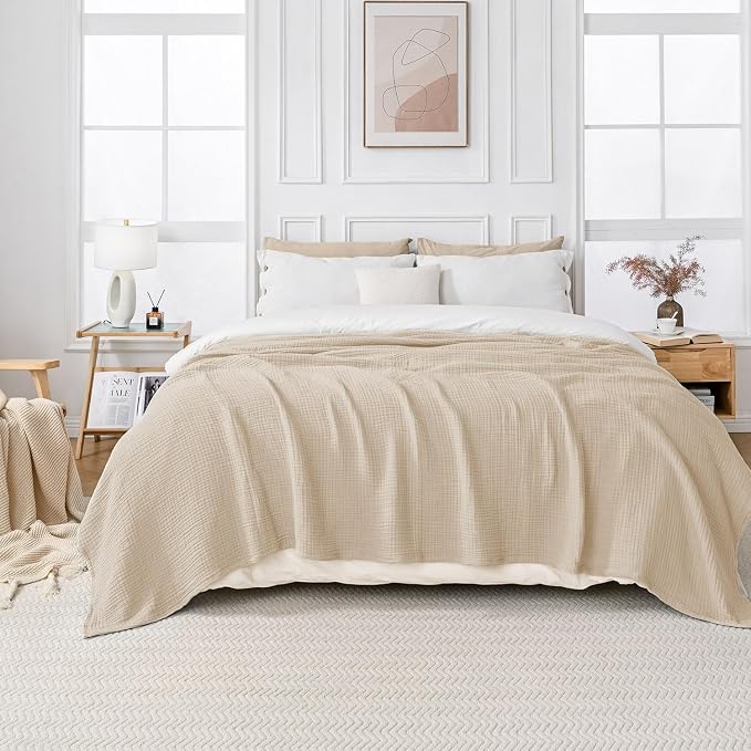 Esterra Muslin Blanket Queen Size Cozy Soft Lightweight Pre-Washed Cotton Blanket, All Season Breathable 4-Layer Gauze Blanket Throw for Couch Bed, Neutral, 90x90 Inches