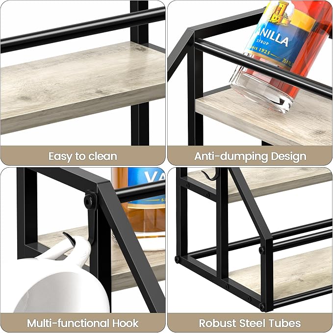 Coffee Syrup Rack Organizer, Syrup Bottle Holder Stand for Coffee Bar, 2-Tier 8 Bottles Storage Shelves for Syrup, Wine, Dressing for Kitchen Countertop, Greige
