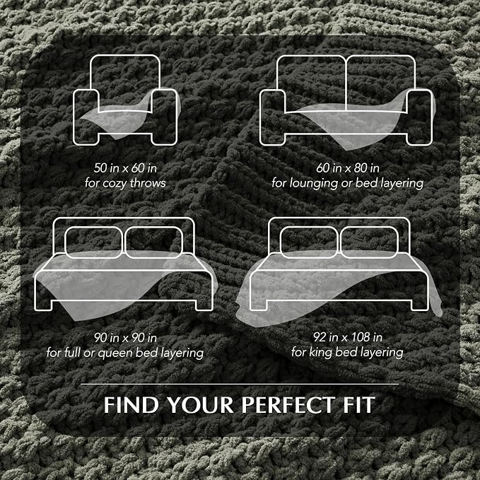 EVERGRACEHOME Chunky Chenille Knit Throw Blanket for Couch, Soft Luxurious Oversized Queen Moss Stitch Blanket for Bed, Cozy Farmhouse Knitted Throw for Sofa, Dried Thyme, 90" x 90"