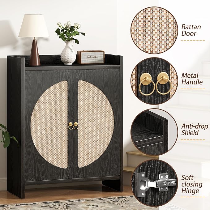 Shoe Cabinet Storage for Entryway - Rattan Entry Way Shoe Storage Cabinet with Adjustable Shelves, Wood Shoe Organizer Cabinet, Accent Cabinet with Doors for Entrance Hallway Living Room Foyer