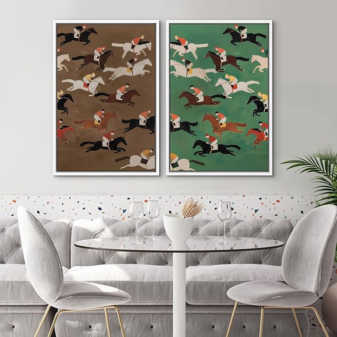 SIGNWIN Framed Canvas Print Wall Art Set Vintage Horse Racing Jockeys Illustrations Modern Art Rustic Colorful Ultra for Living Room, Bedroom, Office - 16"x24"x2 White