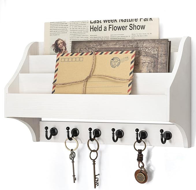 Rebee Vision Pine Wood Key Holder Wall Mount - Rustic Mail Holder for Wall with Key Hooks & 3-Tire Letter Slots - Multifunctional Key Holder on Wall for Entryway Storage (White)