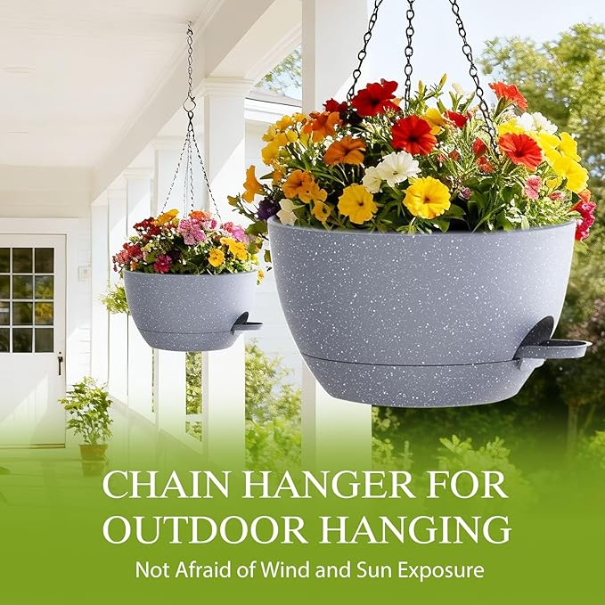 10 Inch Hanging Baskets 2 PC with Chains, Self-Watering Hanging Planters for Indoor Outdoor Plants, Plastic Hanging Flower Pots,Speckled Grey