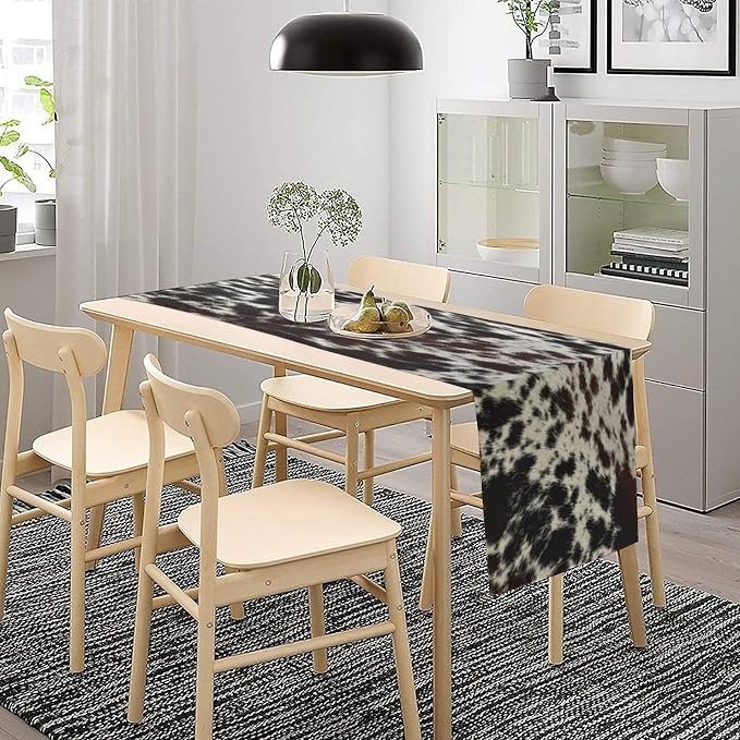Cow Print Table Runner,Farmhouse Western White Black Cowhide Pattern Table Runner for Coffee Table Dining Room Table Bedroom Party Holiday Decor 13x72inch