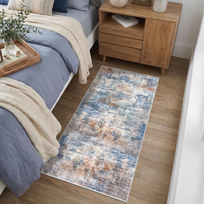IOHOUZE Abstract Runner Rug 2x4 Ft Entryway Rugs Washable Door Mat Indoor Entrance, Rubber Backed Entryway Runners, Printed Faux Wool Non Slip Floor Carpet for Foyer Front Door Sink, Blue Rust
