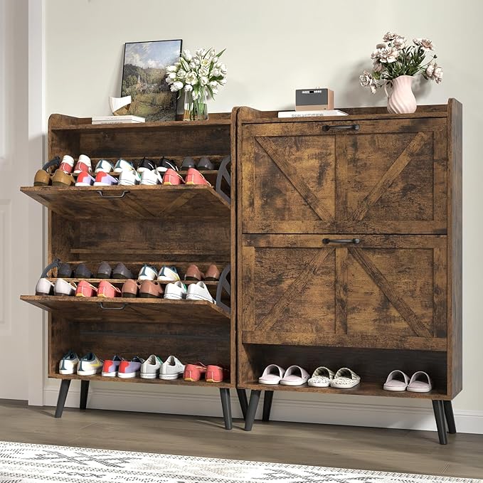 Shoe Cabinet Storage with 2 Flip Drawers, Hidden Shoe Cabinet for Entryway Slim, Farmhouse Shoe Organizer with Wood Legs, Narrow Shoe Rack Cabinet, Rustic Brown