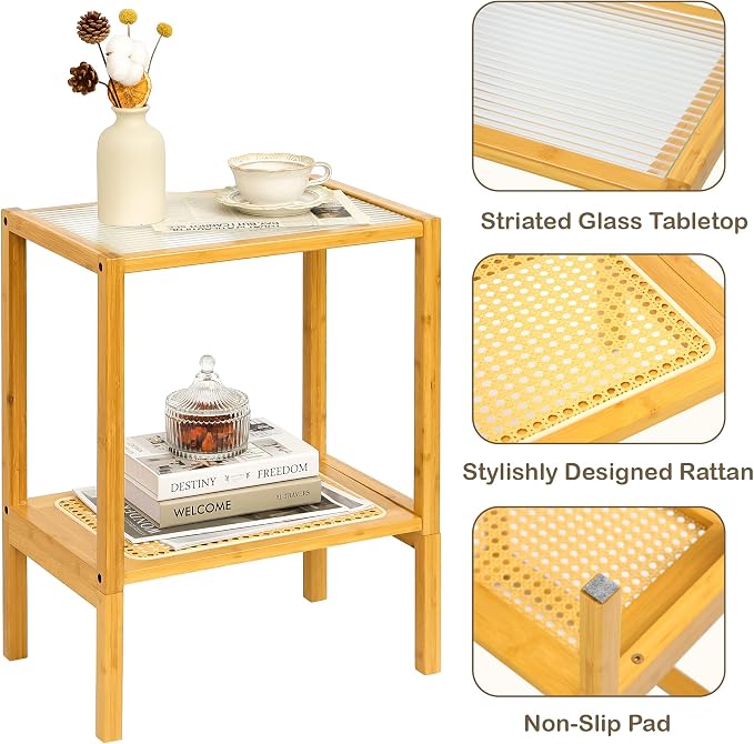 2-Tier Bamboo Side Table, Modern Glasstop Rattan Side Table, Mid Century Wood Sofa-Side End Tables for Living Room, Bedroom Night Stand with Storage, Small Narrow Coffee Tables, Burlywood