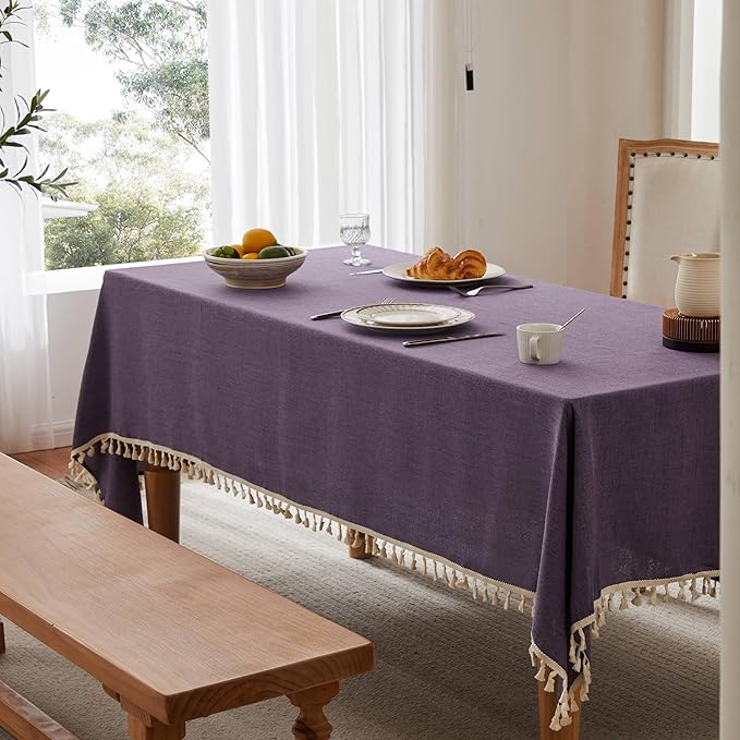 Linen Tablecloth with Tassels, Farmhouse Style PurpleTablecloth, Water Resistant Burlap Tablecloths for Rectangle Table, 60x84 Inch Purple
