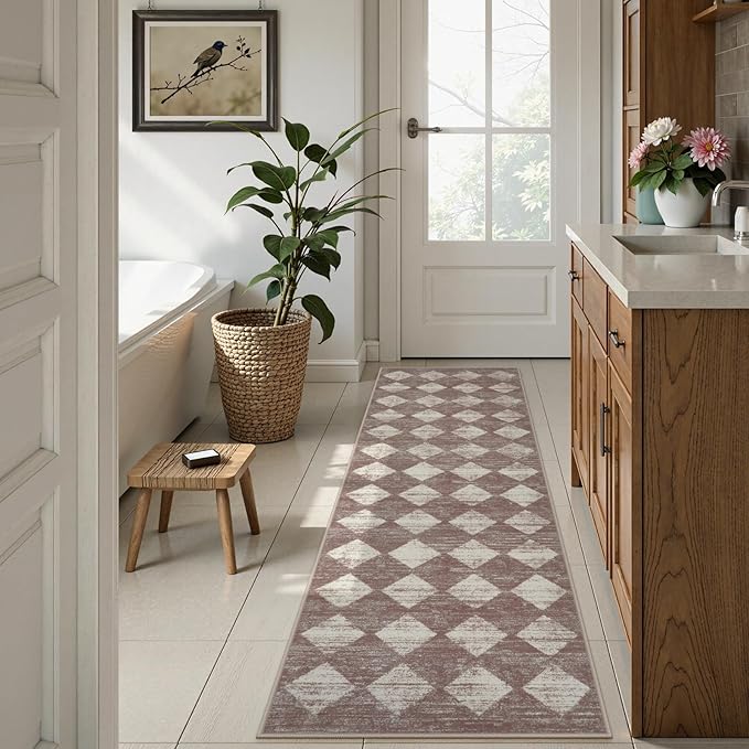 Lahome Zelie Moroccan Treills 2x8 Washable Hallway Runner Rug, Non Slip Bathroom Kitchen Carpet Runners, Checkered Modern Soft Runner for Entryway Living Room, Beige
