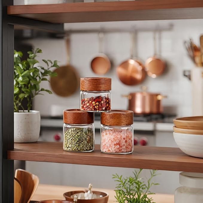 6-Pack 4 fl oz Stackable Glass Jars with Acacia Wood Lids & Spoons, Airtight Food Storage Containers with Labels for Overnight Oats, Spices, Yogurt, Chia Seed Pudding, Kitchen Organization