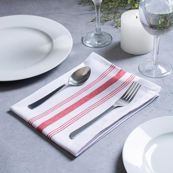 Blue Needles Set of 12 French Stripe Dinner Table Napkins 100% Cotton Napkins, 18x18 Inch, Absorbent, Soft, Reusable & Washable Restaurant Hotel Quality Spring Summer & Everyday Use - Red