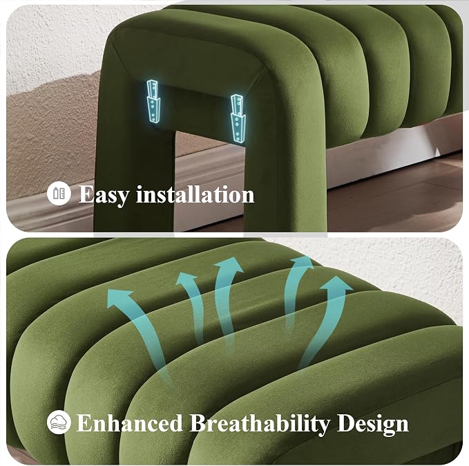 43’’ Bedroom Bench, Upholstered End of Bed Bench with Solid Wood Legs, Modern Small Dining Bench with Full Covered Fabrics for Entryway, Bedroom, Living Room (Green, Velvet)