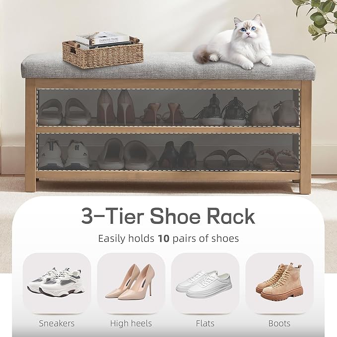 Zihanhome Shoe Rack Bench with Cushion, 2 Tier Solid Wood Storage Bench, Mid-Century Modern Shoe Bench for Entryway, Hallway, Closet, Front Door Entrance, Foyer (Grey, 46.5")