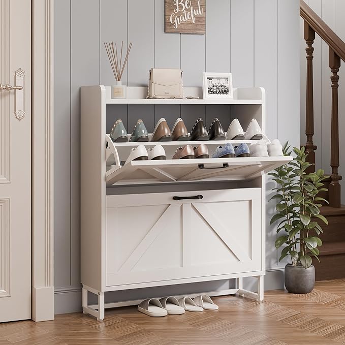 MU Shoe Storage Cabinet for Entryway, Hidden Shoe Cabinet with 2 Flip Drawers, Narrow Shoe Organizer Shoe Rack Cabinet with Metal Legs, White