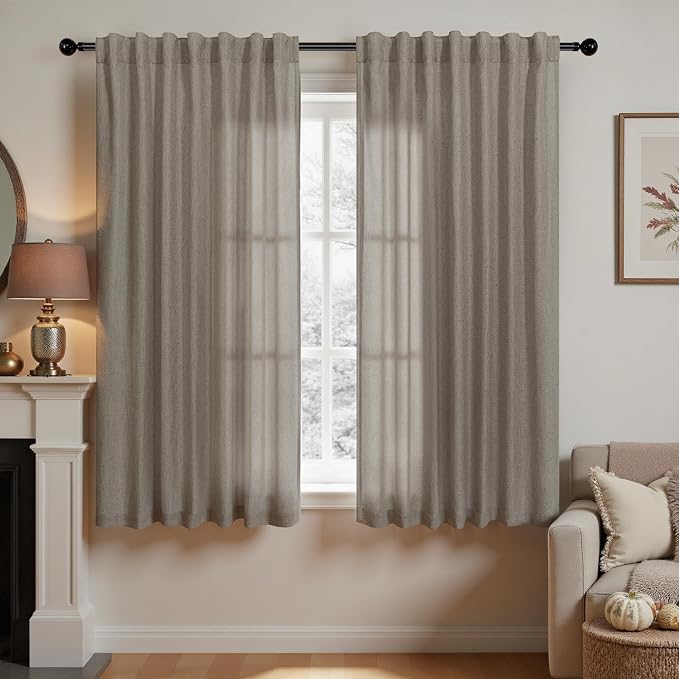 KOUFALL Bathroom Curtains Window Short,54 Inch Length Sheer Semi Privacy Linen Small Curtain for Bedroom 48 Windows,52x54 in Long,2 Panels Set,Taupe