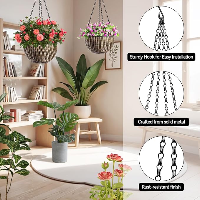 ZeeDix 4 Pack, 24 Inch Hanging Basket Chain with Hooks, Black Metal Planter Flower Pot Chain for Hanging Plants Outside, Adjustable Replacement Chain for Lanterns, Bird Feeders and Flowers