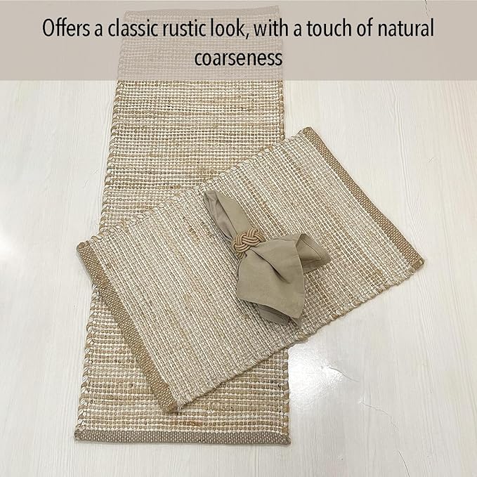 Chardin home Natural Jute Table Runner 13x48 Inch – Vintage Boho Rustic Table Decor – Handwoven Table Runner in Natural Jute and Ivory – Farmhouse Dining or Console Table Accent