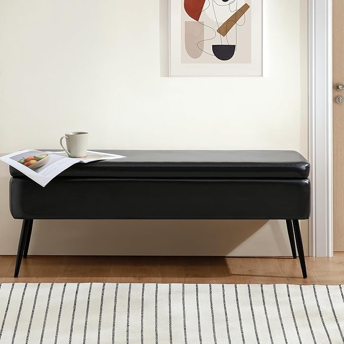 kinmars Leather Storage Ottoman Bench,End of Bed Bench for Living Room Bedroom Dinning Room Entryway,Mid-Century Modern, with Steel Legs,Safety Hinges, Loads 660 lb (Without Button, Black)