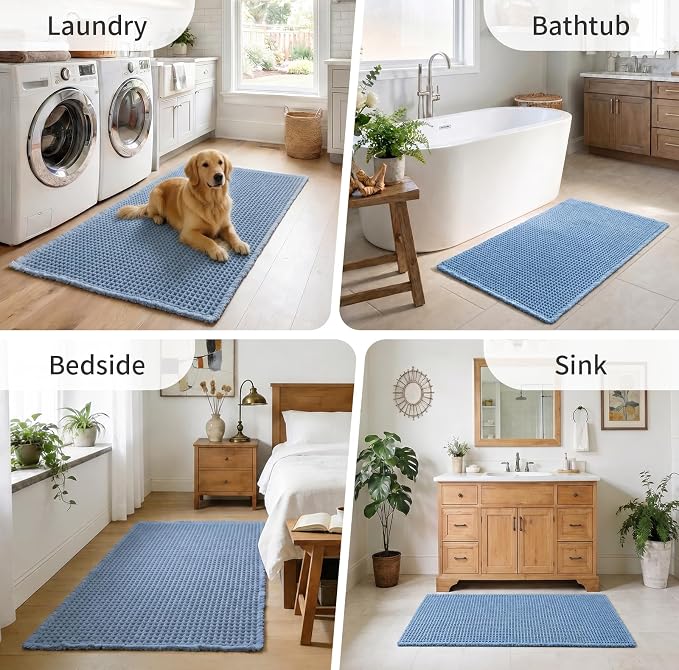 ILANGO Upgraded Waffle Bath Mat,Super Absorbent Boho Non Slip Bathroom Rugs Quick Dry,Ultra Soft Machine Washable Mats with Tassels for Floor,24x36,Light Blue