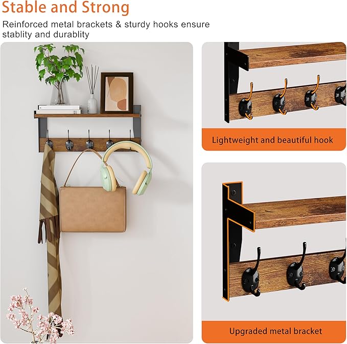 Wall Hooks with Shelf, Wood Coat Rack with Shelf Wall-Mounted, Entryway Hanging Shelves with 5 Metal Hooks for Clothes Hats Towel Purse Robes, Bathroom Mudroom Bedroom, Rustic Brown