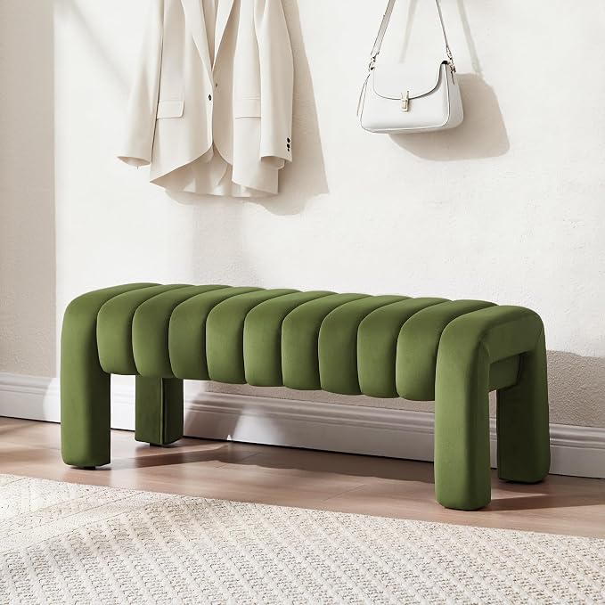 43’’ Bedroom Bench, Upholstered End of Bed Bench with Solid Wood Legs, Modern Small Dining Bench with Full Covered Fabrics for Entryway, Bedroom, Living Room (Green, Velvet)