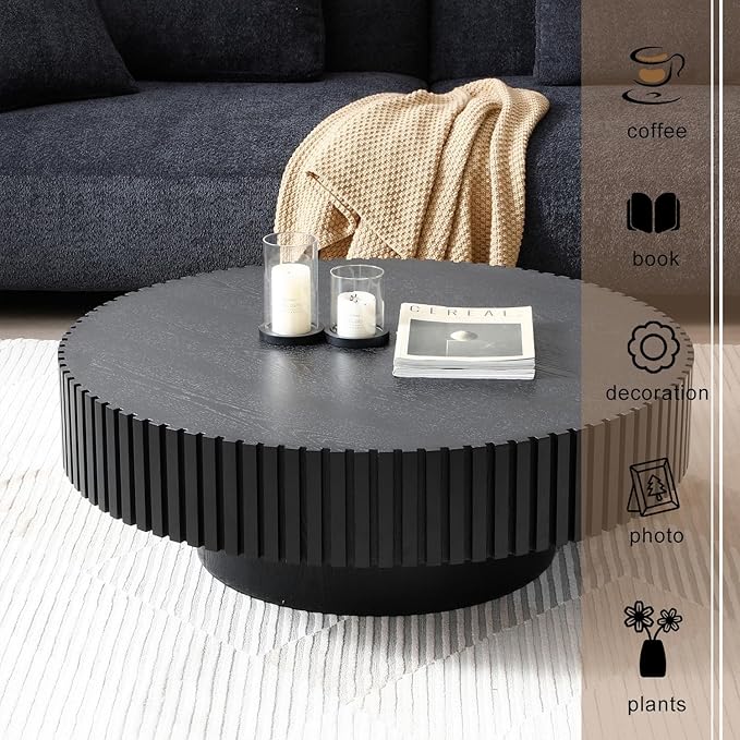 39" Round Black Coffee Table for Living Room, Mid Century Modern Coffee Table with Sturdy Pedestal, Circle Center Table Accent Tea Table for Apartment