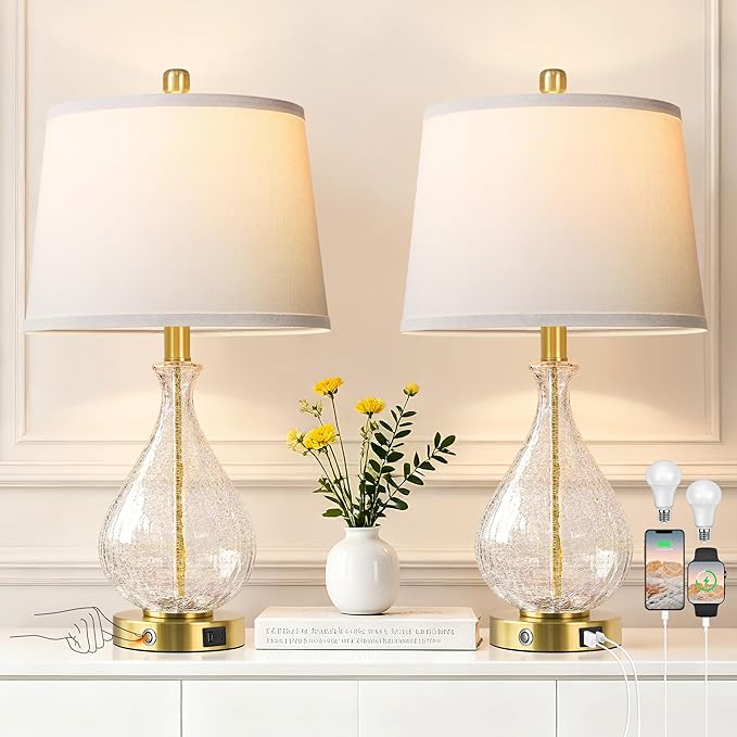QiMH Glass Table Lamps for Living Room, Bedside Lamps Set of 2 with USB A+C Charging Ports, 3 Way Dimmable Touch Lamps for Nightstand, 22.5" Modern Table Lamp for Bedroom Office,Gold(Bulb Included)