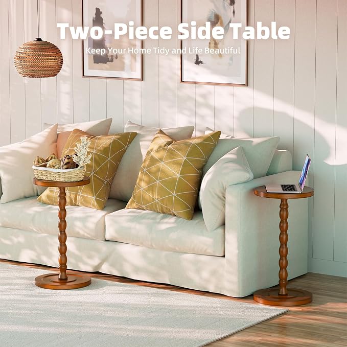 Simple Trending Small Side Table, Round Drink Table for Small Spaces, Pedestal Coffee Table for Living Room, Rustic Brown