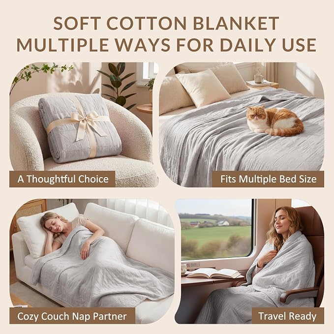 Exclusivo Mezcla 100% Cotton Muslin Blanket for Bed, King Size 4-Layer Moisture-Wicking and Breathable Ultra Soft Gauze Blanket for Spring Summer, 104"x90", Light Grey